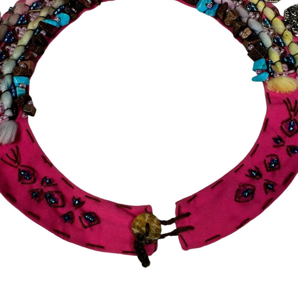 Boho Beaded Fabric Collar Necklace Embellished Coin Multicolor Pink Festival - Picture 5 of 7